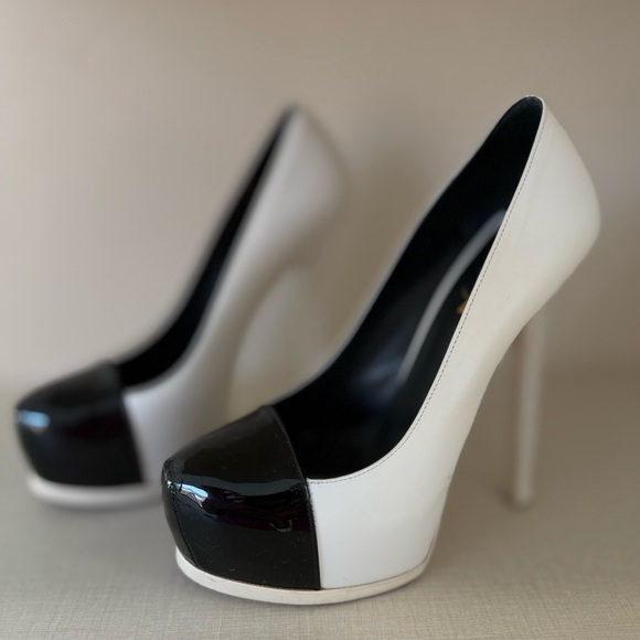 Saint Laurent Paris White/Black Leather Tribtoo Platform Pumps - Picture 3 of 6